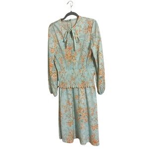 Vintage Blue Orange Floral‎ Midi Bow Dress